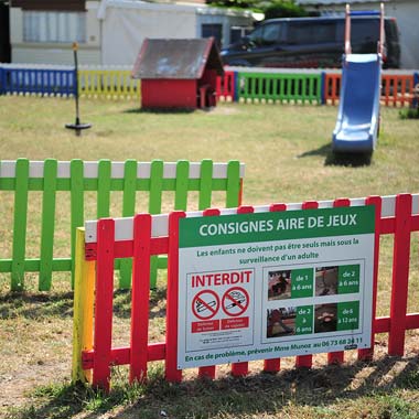 Entrance and sign of the playground of the campsite in Messanges in the Landes