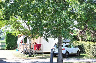 Alquiler de mobil-homes bajo los árboles con bicicleta y coche en el camping de Messanges