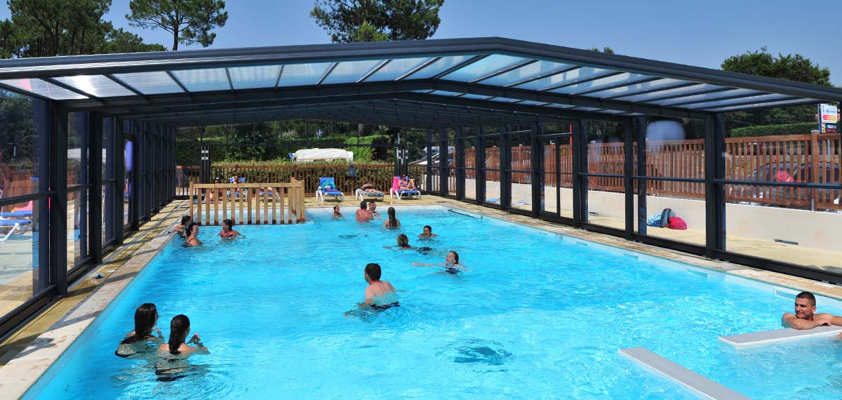 Covered pool of the aquatic area of the campsite in the Landes near Hossegor